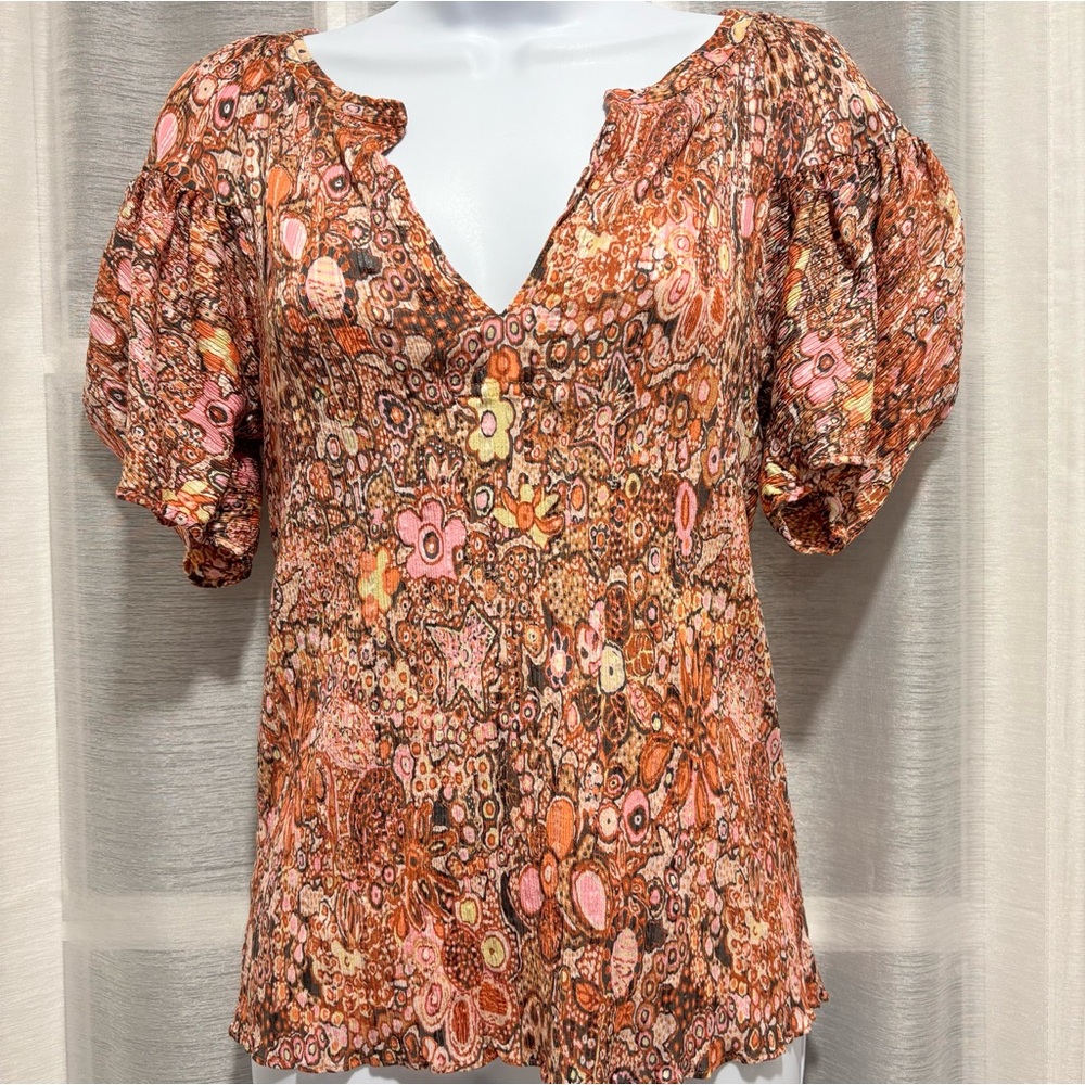 A.L.C. Julianna Silk Blend Floral Blouse Top Sorbet Multi Puff Sleeve 2